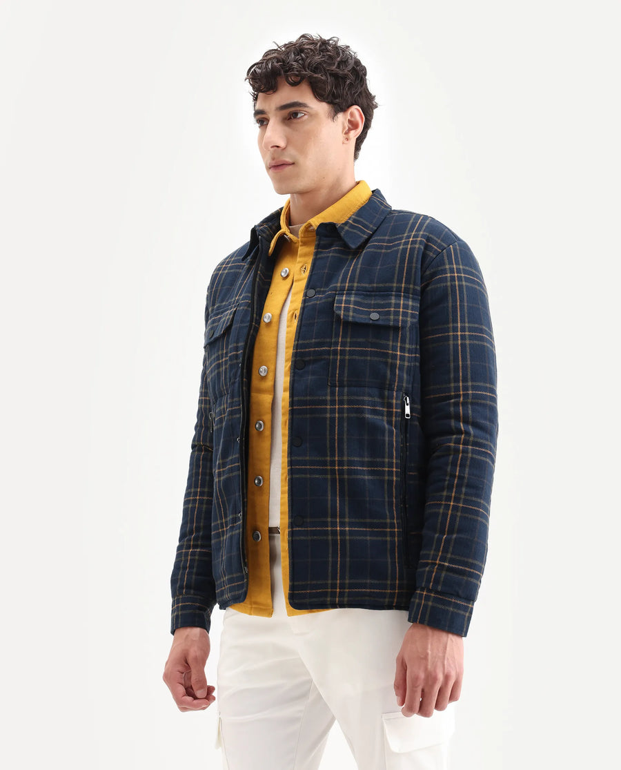 Rare Rabbit Men's Hollis Dark Navy Cotton Checked Print Regular Fit Full Sleeve Spread Collar Jacket