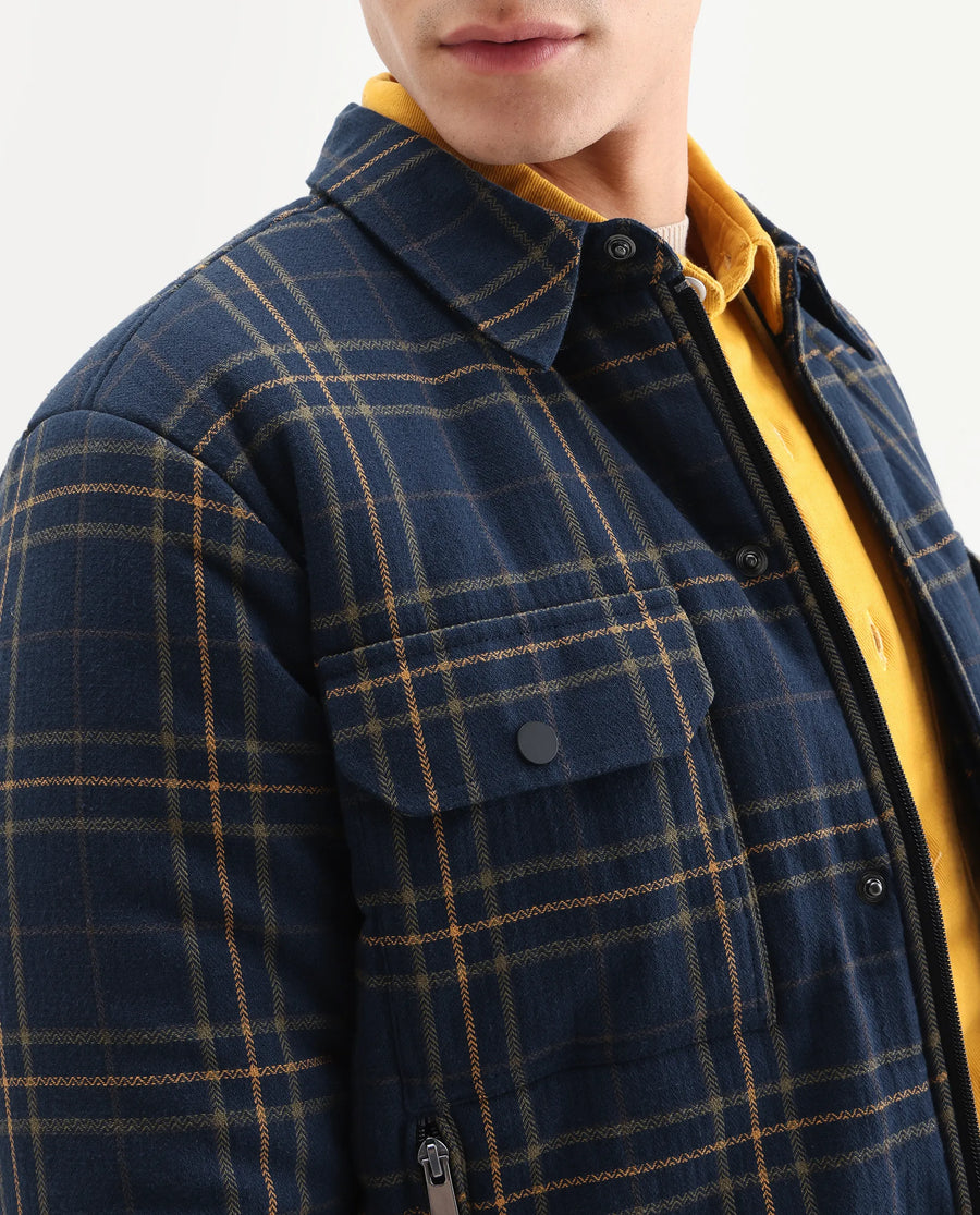 Rare Rabbit Men's Hollis Dark Navy Cotton Checked Print Regular Fit Full Sleeve Spread Collar Jacket