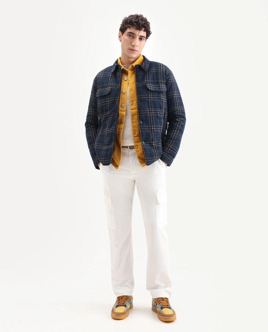 Rare Rabbit Men's Hollis Dark Navy Cotton Checked Print Regular Fit Full Sleeve Spread Collar Jacket