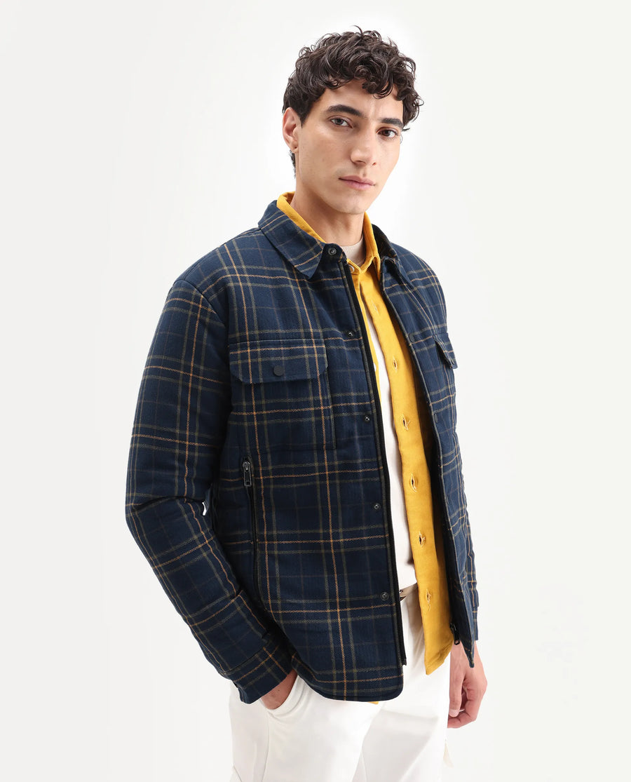 Rare Rabbit Men's Hollis Dark Navy Cotton Checked Print Regular Fit Full Sleeve Spread Collar Jacket