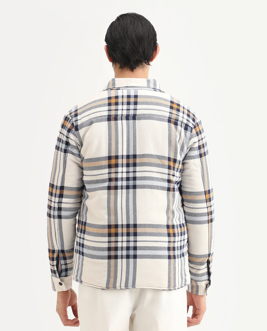 Rare Rabbit Men's Hollis Off White Cotton Checked Print Regular Fit Full Sleeve Spread Collar Jacket