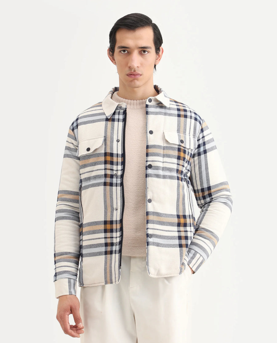 Rare Rabbit Men's Hollis Off White Cotton Checked Print Regular Fit Full Sleeve Spread Collar Jacket