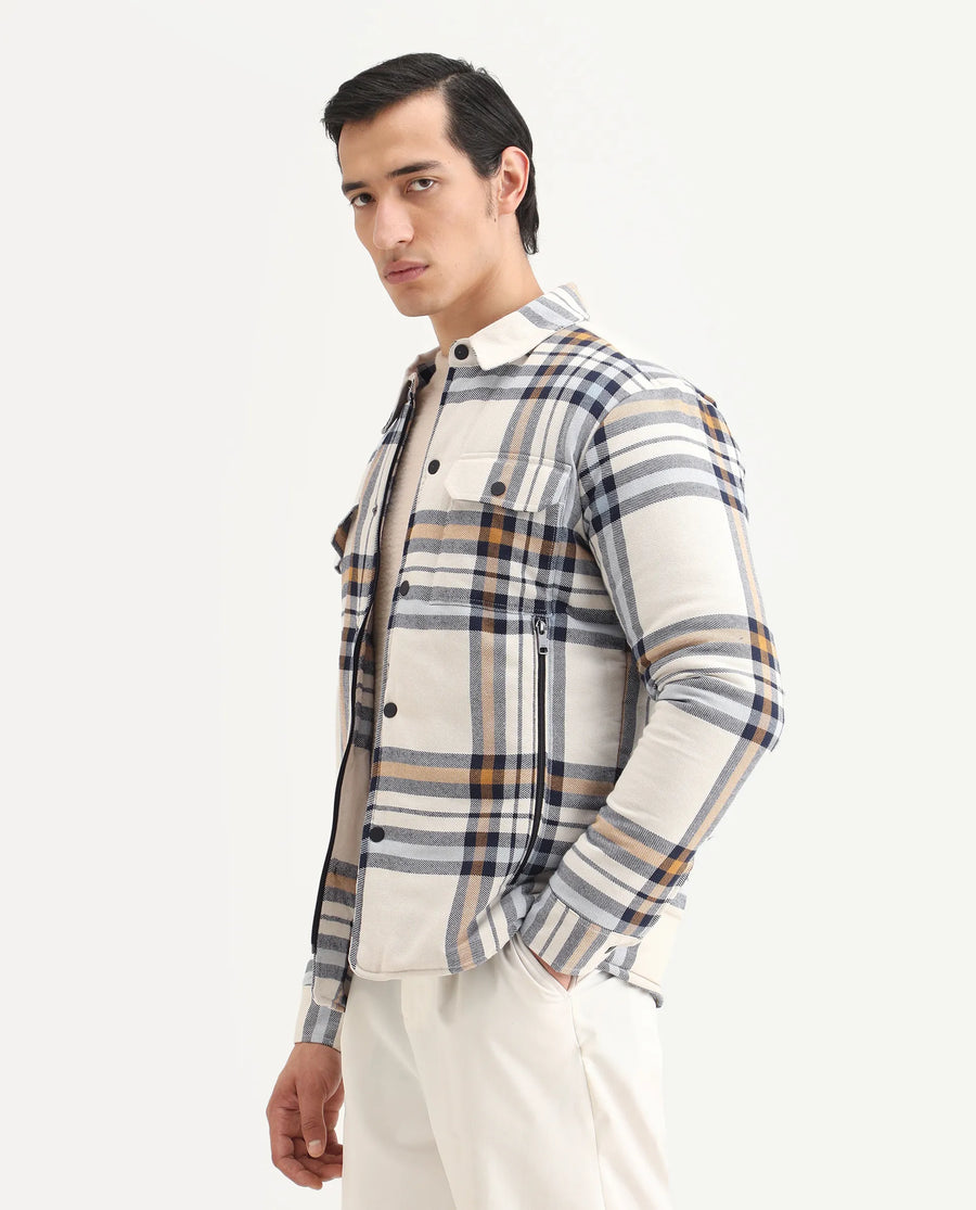 Rare Rabbit Men's Hollis Off White Cotton Checked Print Regular Fit Full Sleeve Spread Collar Jacket