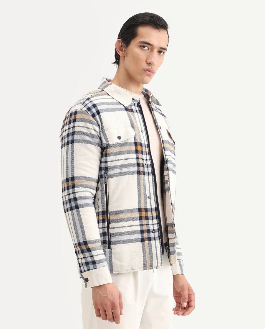 Rare Rabbit Men's Hollis Off White Cotton Checked Print Regular Fit Full Sleeve Spread Collar Jacket