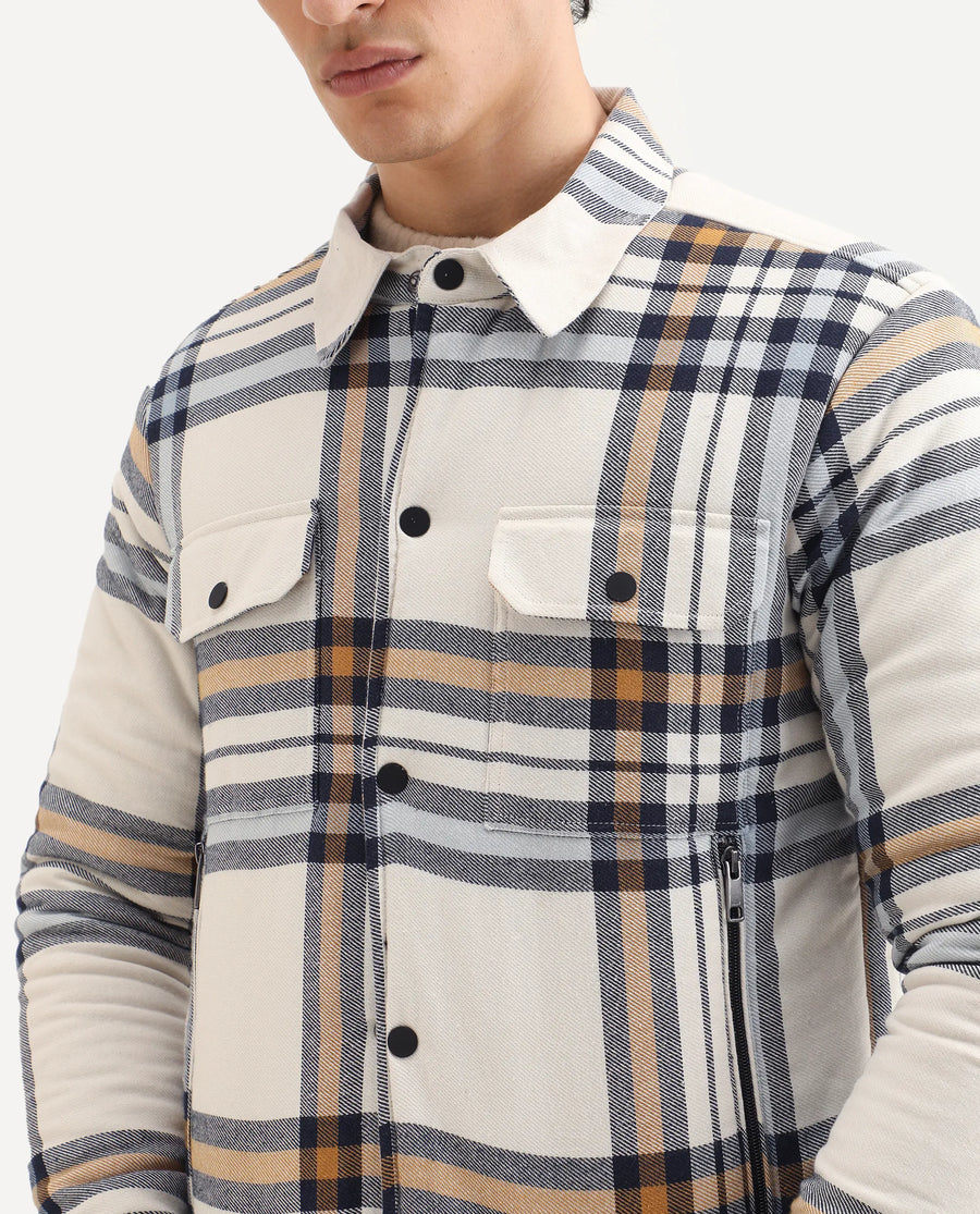 Rare Rabbit Men's Hollis Off White Cotton Checked Print Regular Fit Full Sleeve Spread Collar Jacket