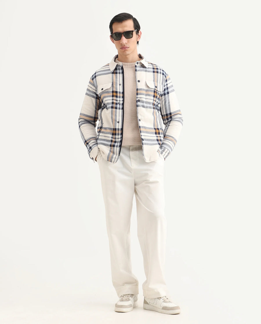 Rare Rabbit Men's Hollis Off White Cotton Checked Print Regular Fit Full Sleeve Spread Collar Jacket