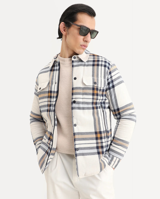 Rare Rabbit Men's Hollis Off White Cotton Checked Print Regular Fit Full Sleeve Spread Collar Jacket