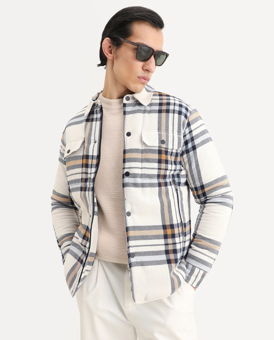 Rare Rabbit Men's Hollis Off White Cotton Checked Print Regular Fit Full Sleeve Spread Collar Jacket