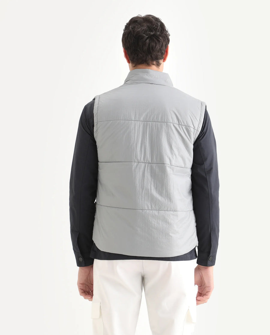Rare Rabbit Men's Colson Light Grey Polyester Plain Regular Fit Sleeveless High Neck Jacket