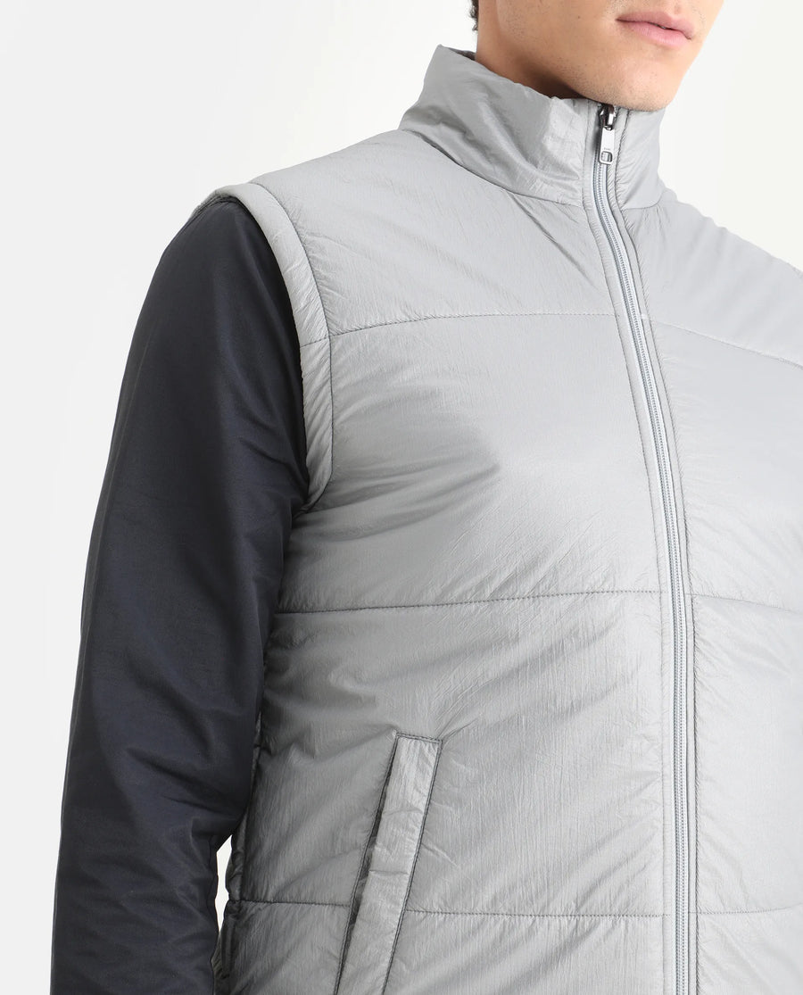 Rare Rabbit Men's Colson Light Grey Polyester Plain Regular Fit Sleeveless High Neck Jacket
