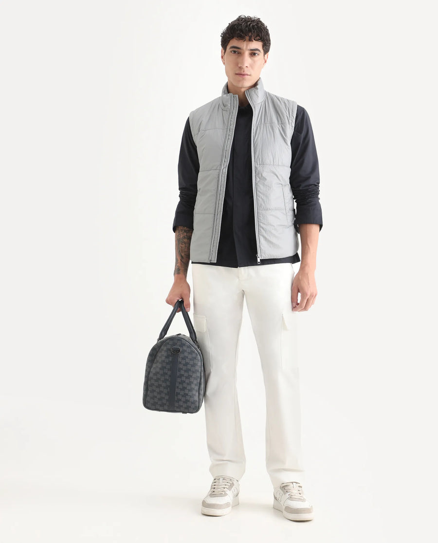 Rare Rabbit Men's Colson Light Grey Polyester Plain Regular Fit Sleeveless High Neck Jacket