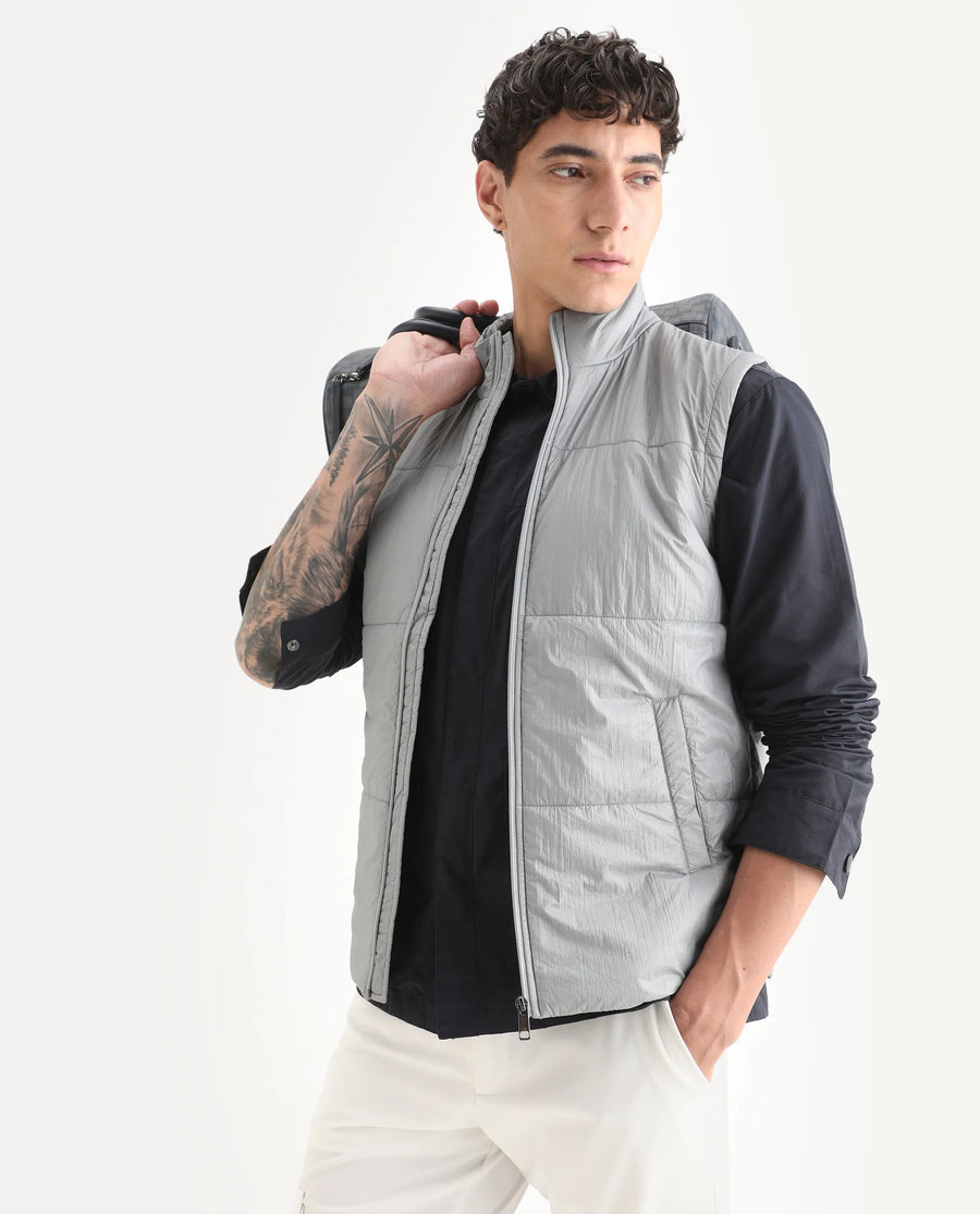 Rare Rabbit Men's Colson Light Grey Polyester Plain Regular Fit Sleeveless High Neck Jacket