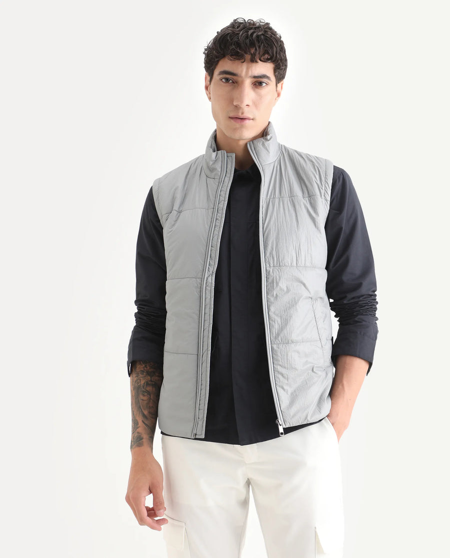 Rare Rabbit Men's Colson Light Grey Polyester Plain Regular Fit Sleeveless High Neck Jacket