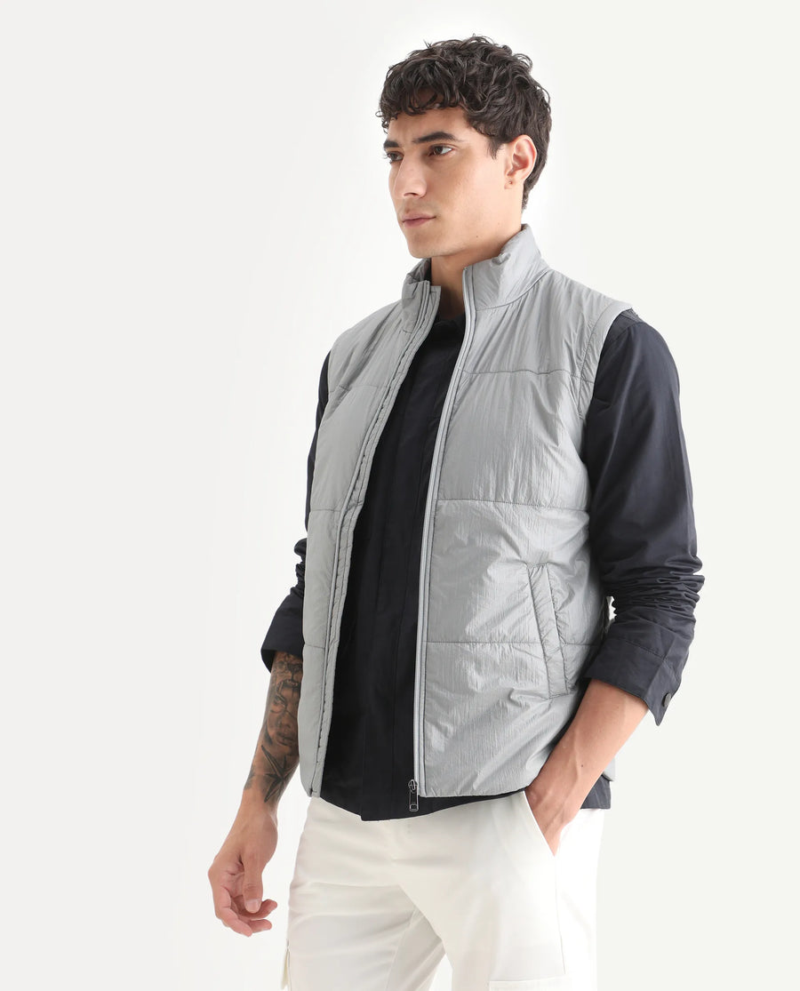 Rare Rabbit Men's Colson Light Grey Polyester Plain Regular Fit Sleeveless High Neck Jacket