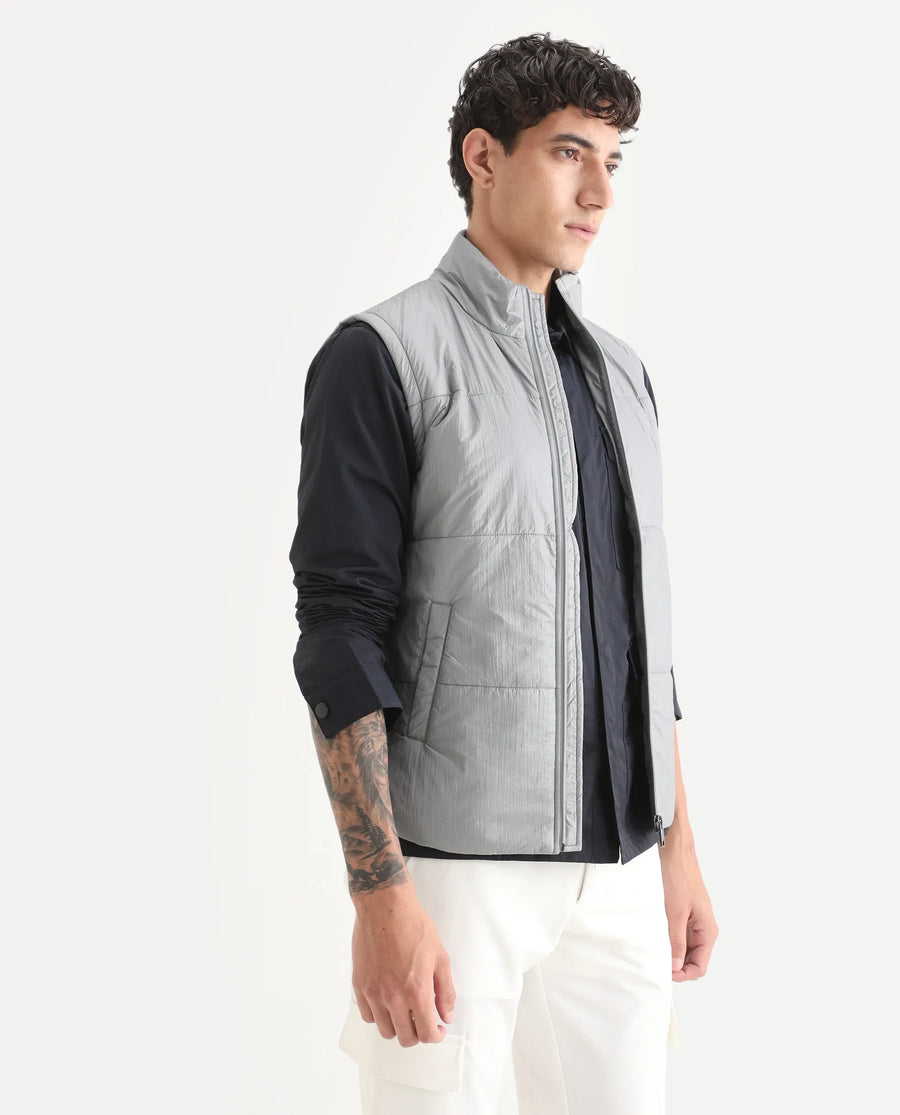 Rare Rabbit Men's Colson Light Grey Polyester Plain Regular Fit Sleeveless High Neck Jacket