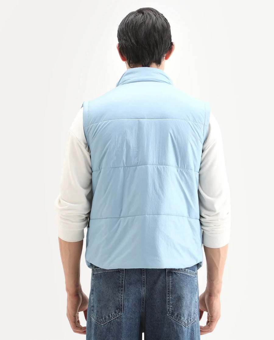 Rare Rabbit Men's Colson Light Blue Polyester Plain Regular Fit Sleeveless High Neck Jacket