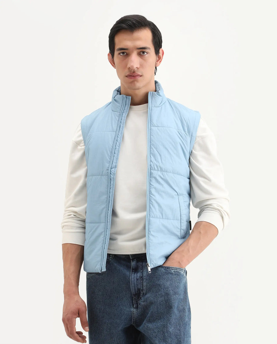 Rare Rabbit Men's Colson Light Blue Polyester Plain Regular Fit Sleeveless High Neck Jacket