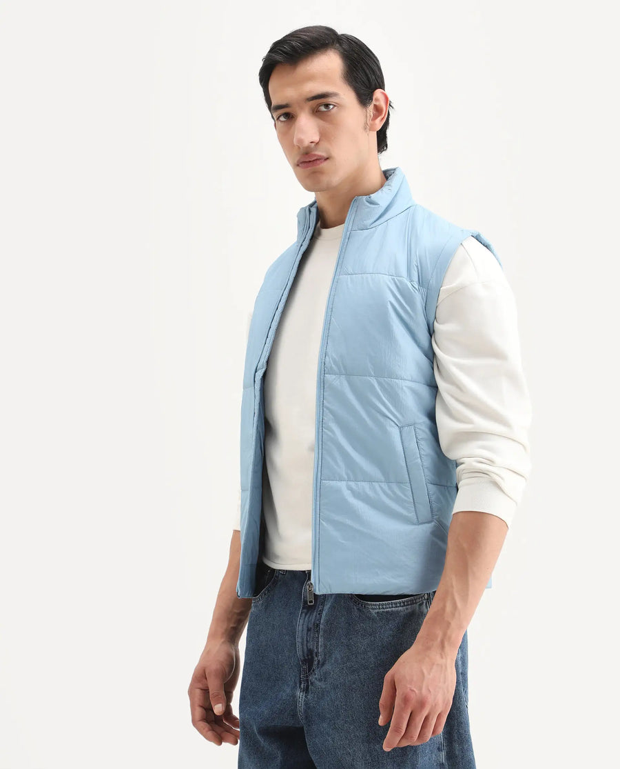 Rare Rabbit Men's Colson Light Blue Polyester Plain Regular Fit Sleeveless High Neck Jacket