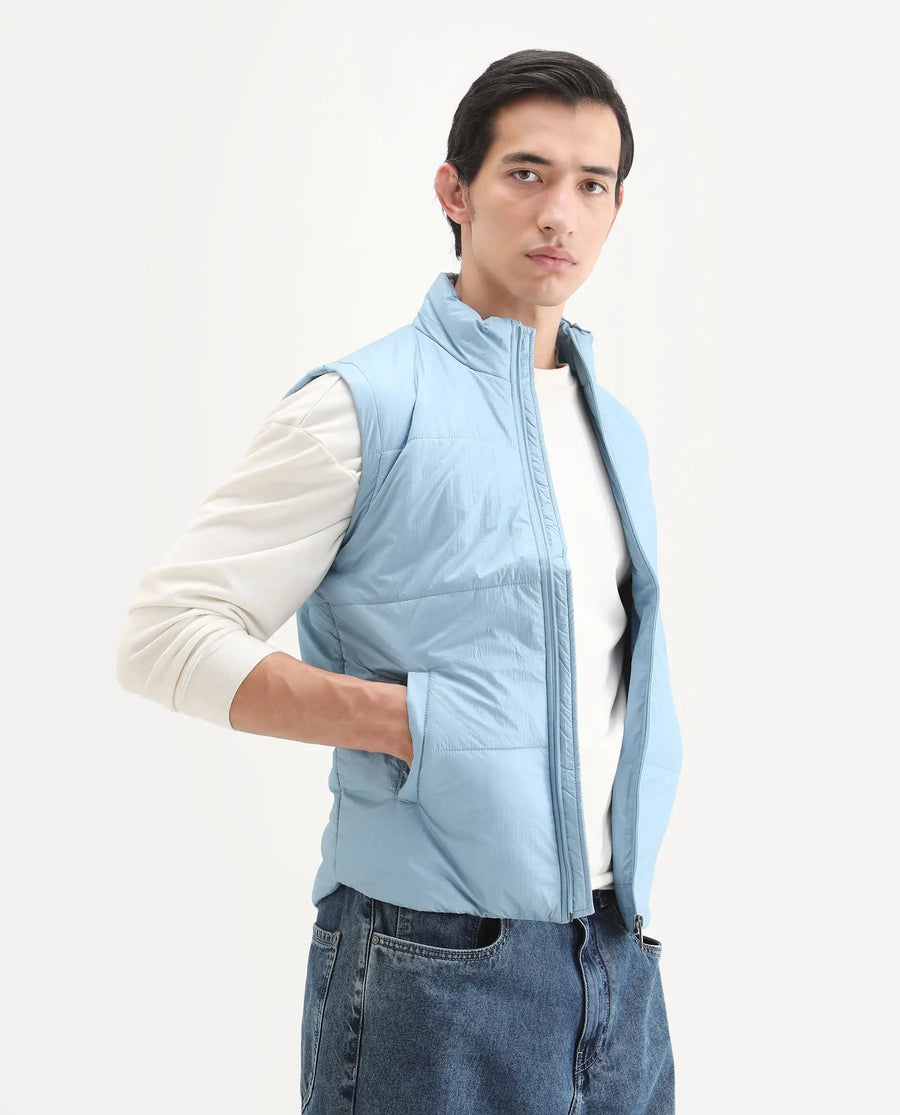 Rare Rabbit Men's Colson Light Blue Polyester Plain Regular Fit Sleeveless High Neck Jacket