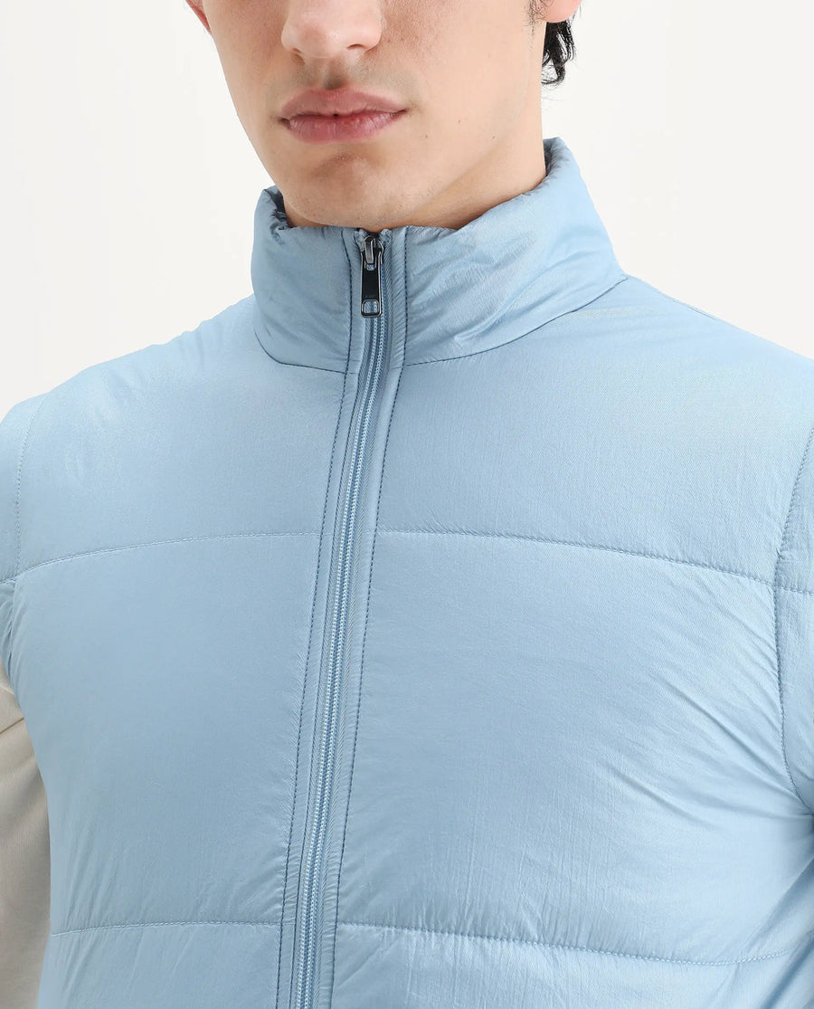Rare Rabbit Men's Colson Light Blue Polyester Plain Regular Fit Sleeveless High Neck Jacket