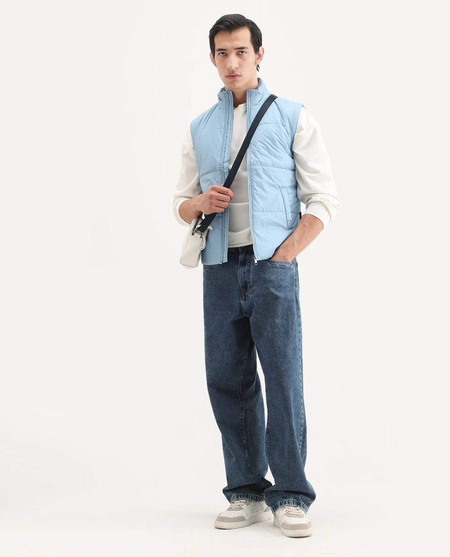 Rare Rabbit Men's Colson Light Blue Polyester Plain Regular Fit Sleeveless High Neck Jacket