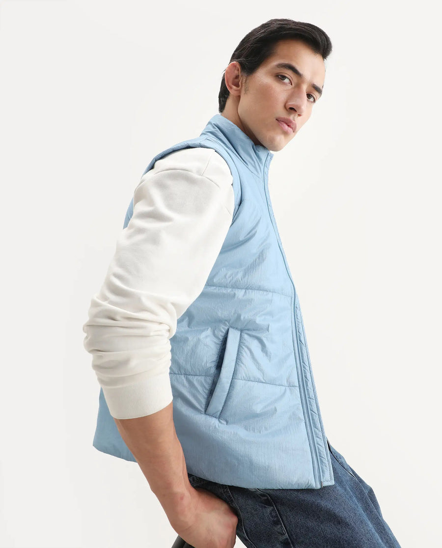 Rare Rabbit Men's Colson Light Blue Polyester Plain Regular Fit Sleeveless High Neck Jacket