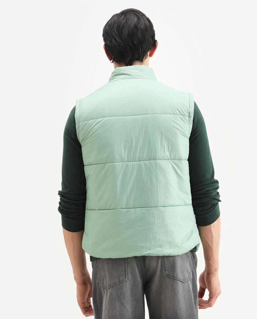 Rare Rabbit Men's Colson Light Green Polyester Plain Regular Fit Sleeveless High Neck Jacket