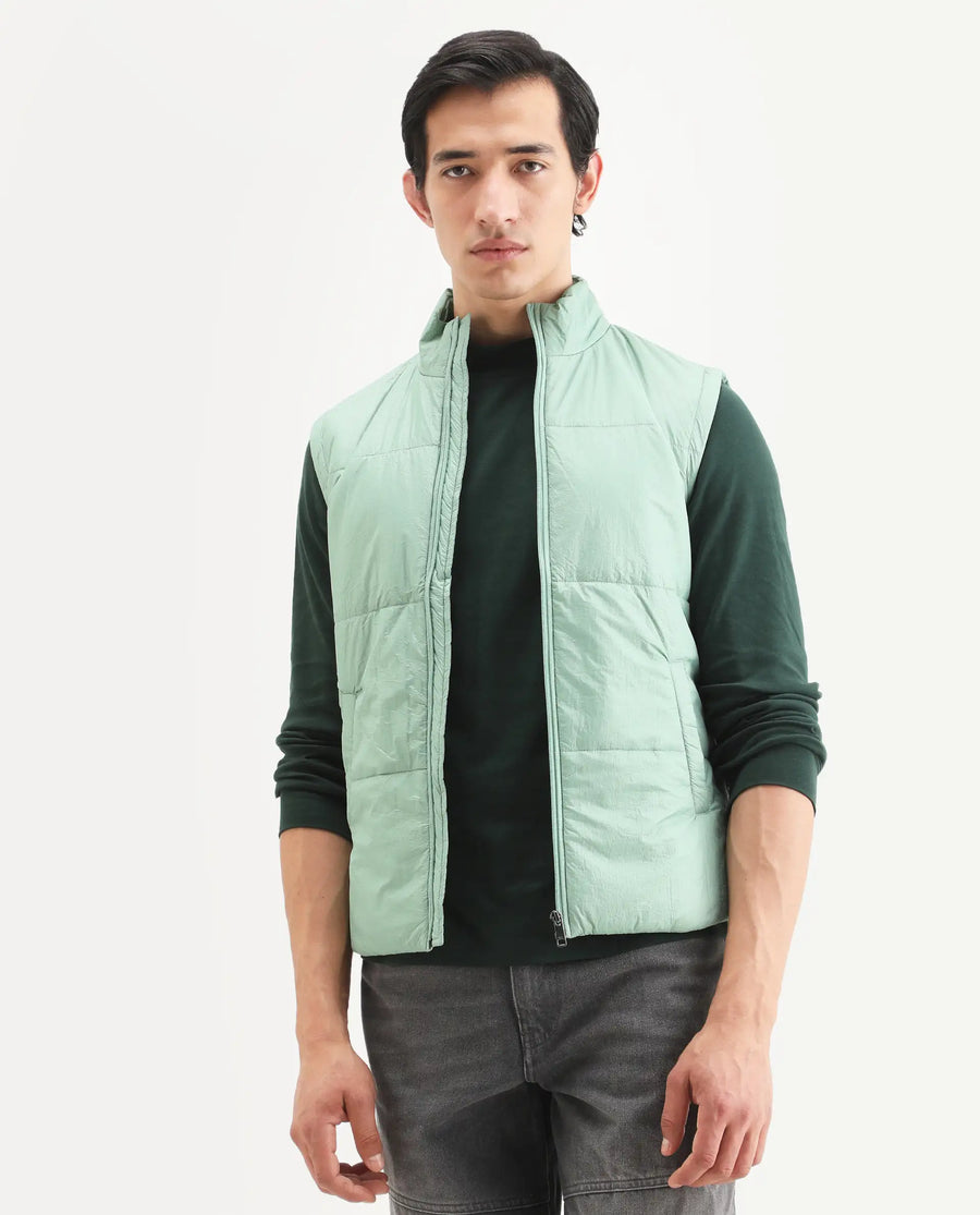 Rare Rabbit Men's Colson Light Green Polyester Plain Regular Fit Sleeveless High Neck Jacket