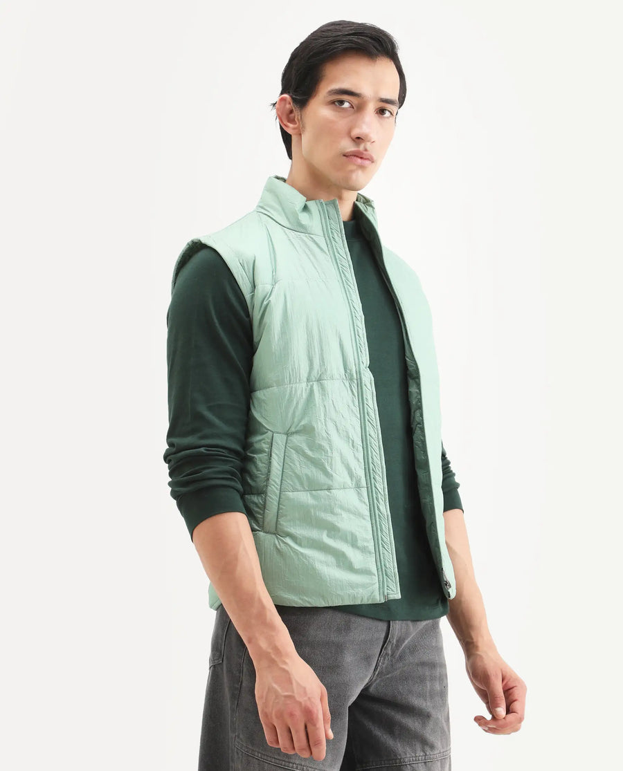 Rare Rabbit Men's Colson Light Green Polyester Plain Regular Fit Sleeveless High Neck Jacket
