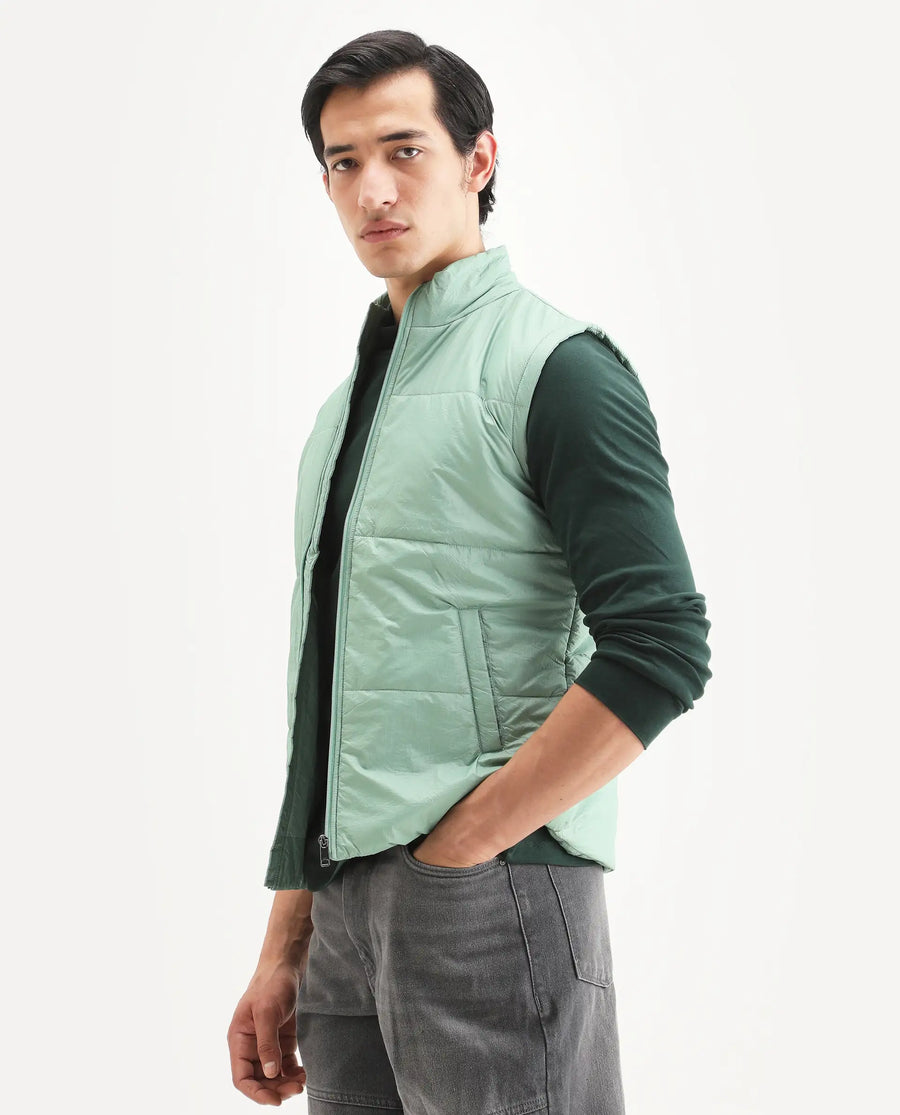 Rare Rabbit Men's Colson Light Green Polyester Plain Regular Fit Sleeveless High Neck Jacket