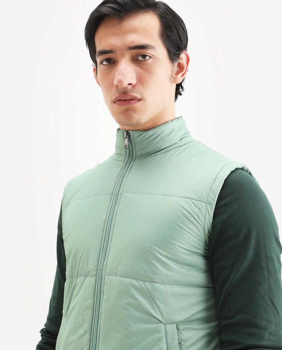 Rare Rabbit Men's Colson Light Green Polyester Plain Regular Fit Sleeveless High Neck Jacket