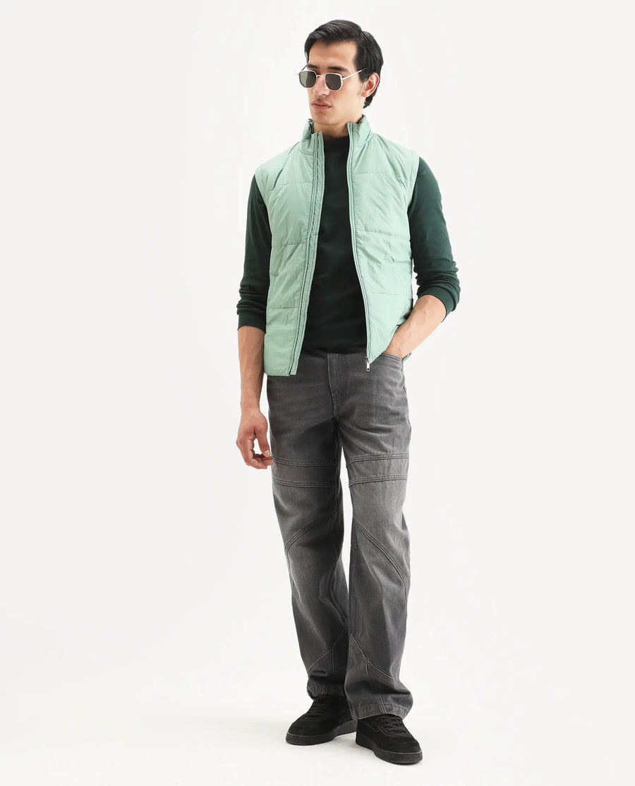 Rare Rabbit Men's Colson Light Green Polyester Plain Regular Fit Sleeveless High Neck Jacket