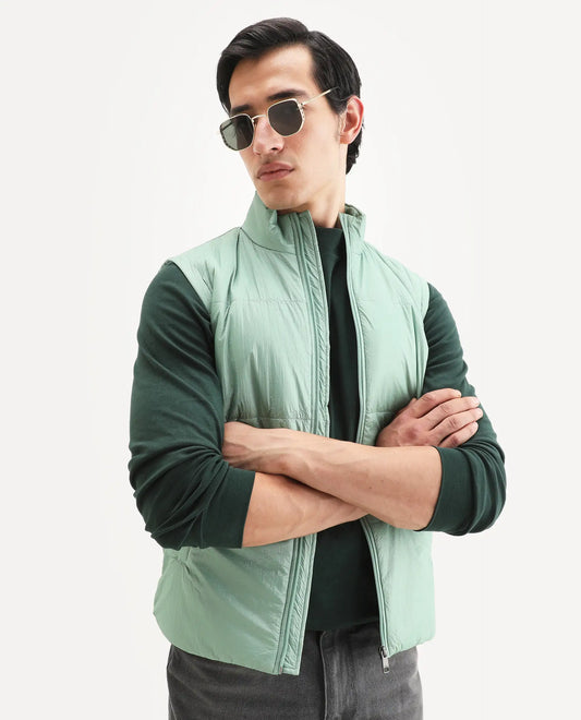 Rare Rabbit Men's Colson Light Green Polyester Plain Regular Fit Sleeveless High Neck Jacket