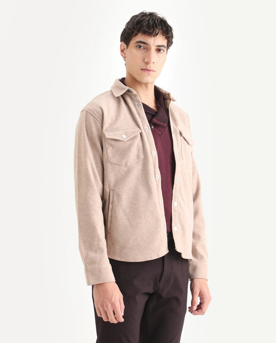 Rare Rabbit Men's Cason Light Beige Polyester Plain Regular Fit Full Sleeve Spread Collar Jacket