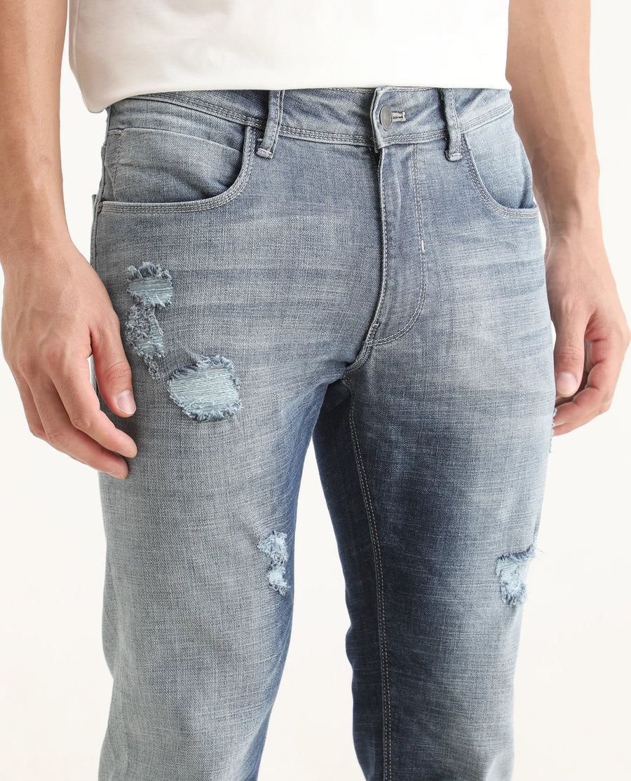 Rare Rabbit Men's Arten Light Blue Cotton Plain Hawk Slim Fit Jeans