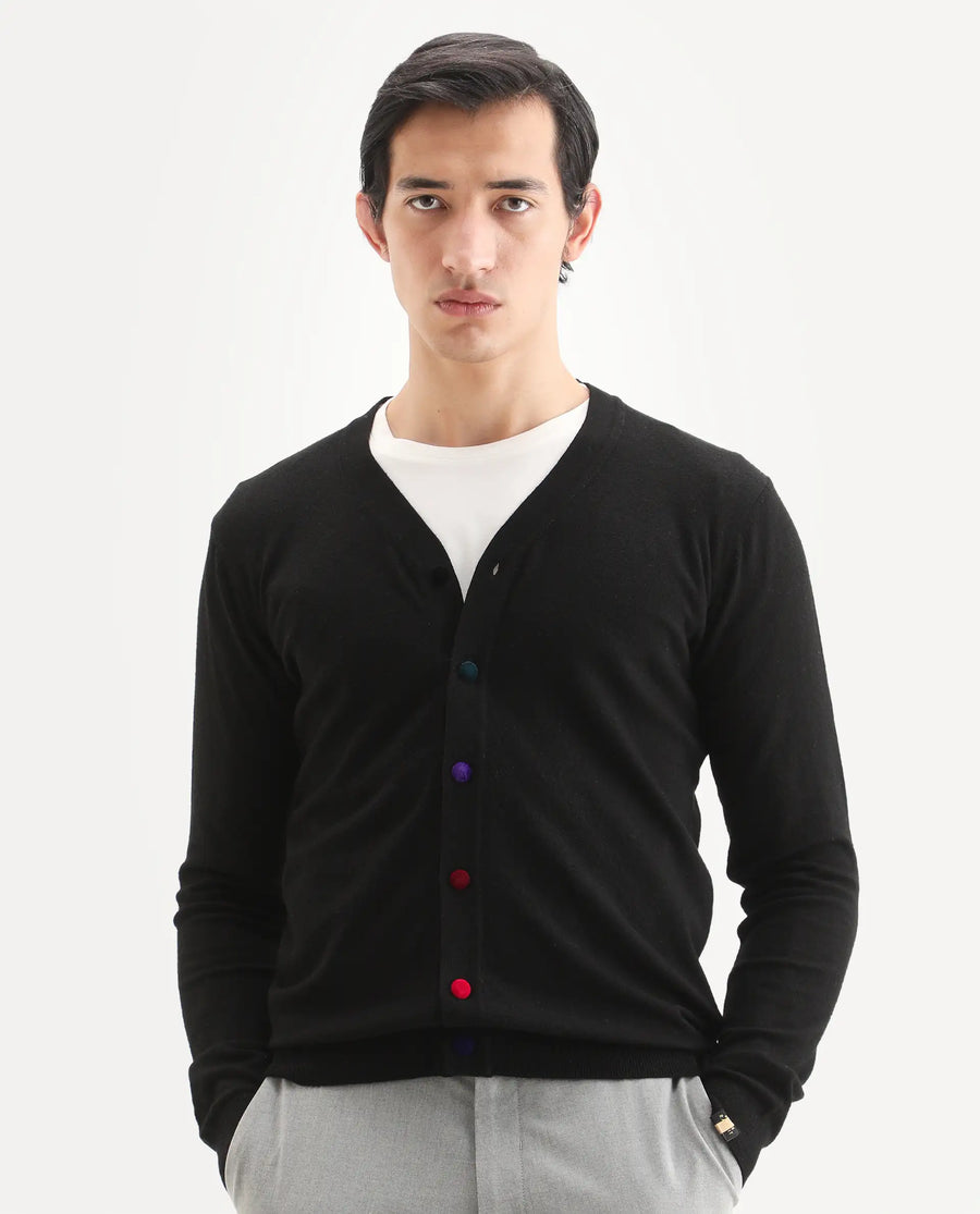 Rare Rabbit Men's Gem Black Sweater Button Closure Solid Pattern