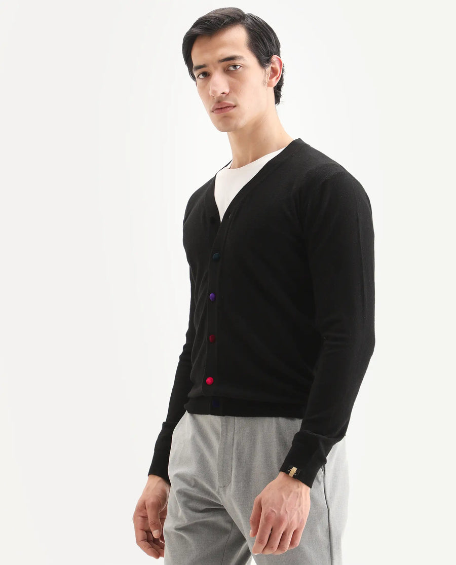 Rare Rabbit Men's Gem Black Sweater Button Closure Solid Pattern
