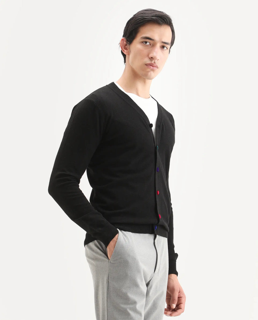 Rare Rabbit Men's Gem Black Sweater Button Closure Solid Pattern