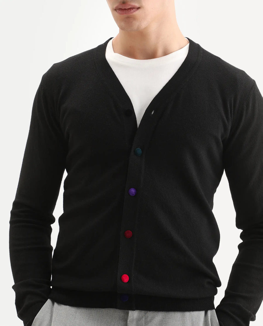 Rare Rabbit Men's Gem Black Sweater Button Closure Solid Pattern