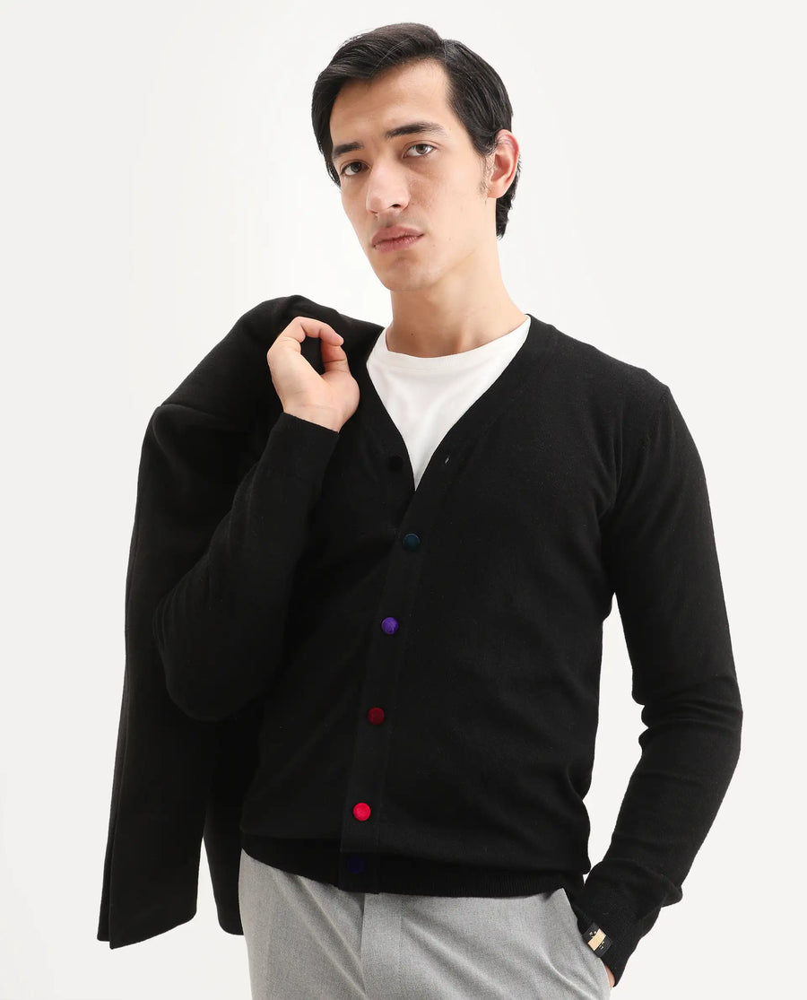 Rare Rabbit Men's Gem Black Sweater Button Closure Solid Pattern