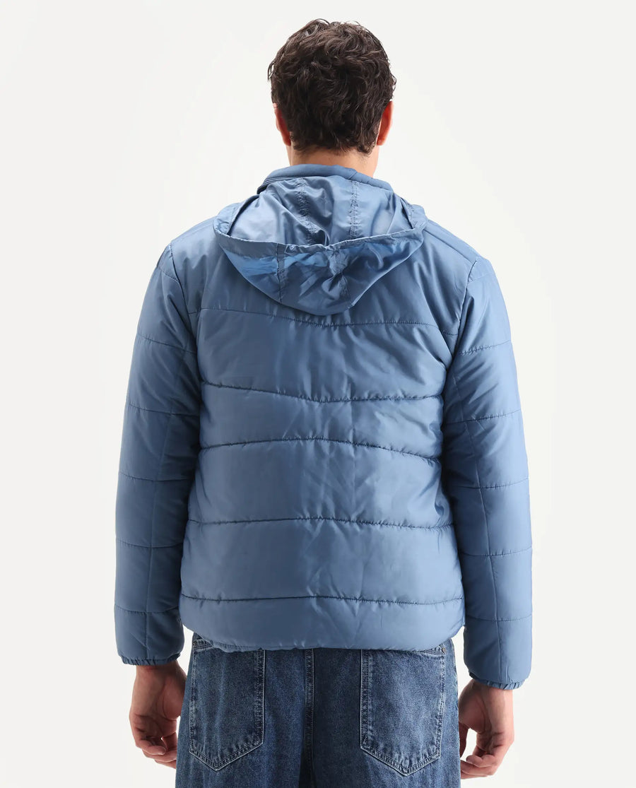 Rare Rabbit Men's Parco Dark Blue Nylon Plain Regular Fit Full Sleeve Hooded Jacket