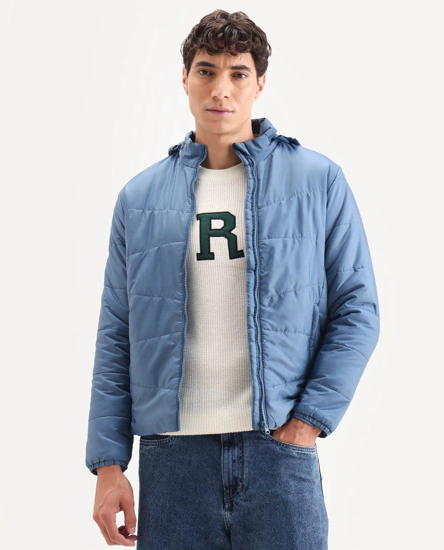 Rare Rabbit Men's Parco Dark Blue Nylon Plain Regular Fit Full Sleeve Hooded Jacket