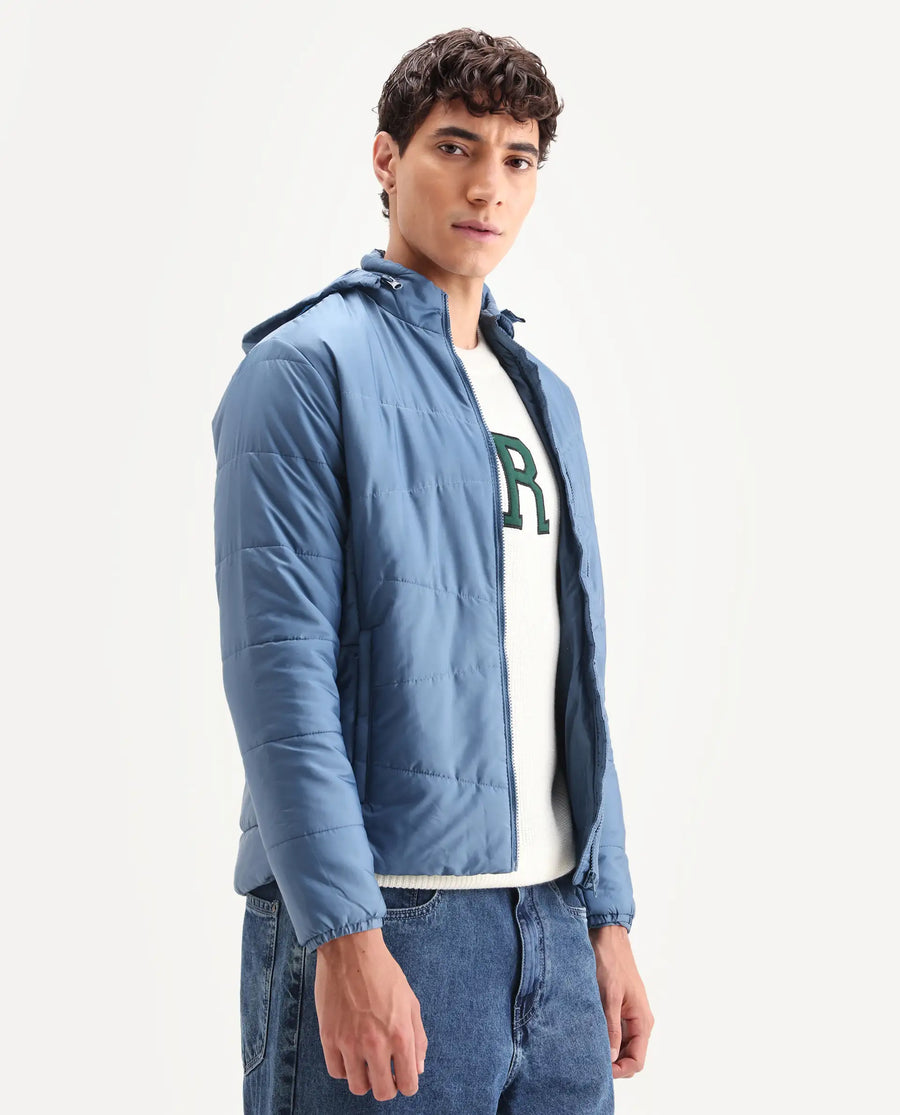 Rare Rabbit Men's Parco Dark Blue Nylon Plain Regular Fit Full Sleeve Hooded Jacket