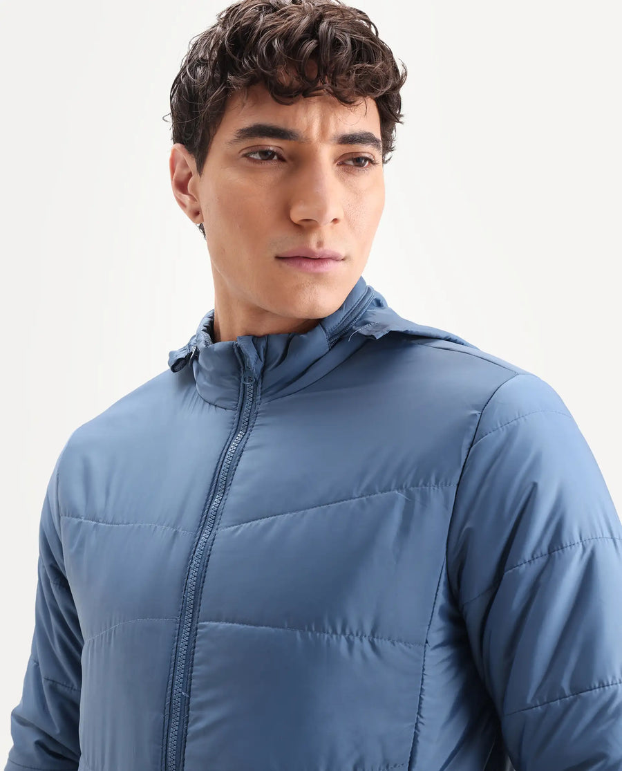Rare Rabbit Men's Parco Dark Blue Nylon Plain Regular Fit Full Sleeve Hooded Jacket