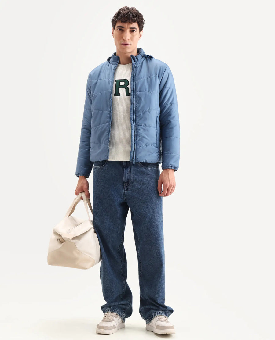 Rare Rabbit Men's Parco Dark Blue Nylon Plain Regular Fit Full Sleeve Hooded Jacket