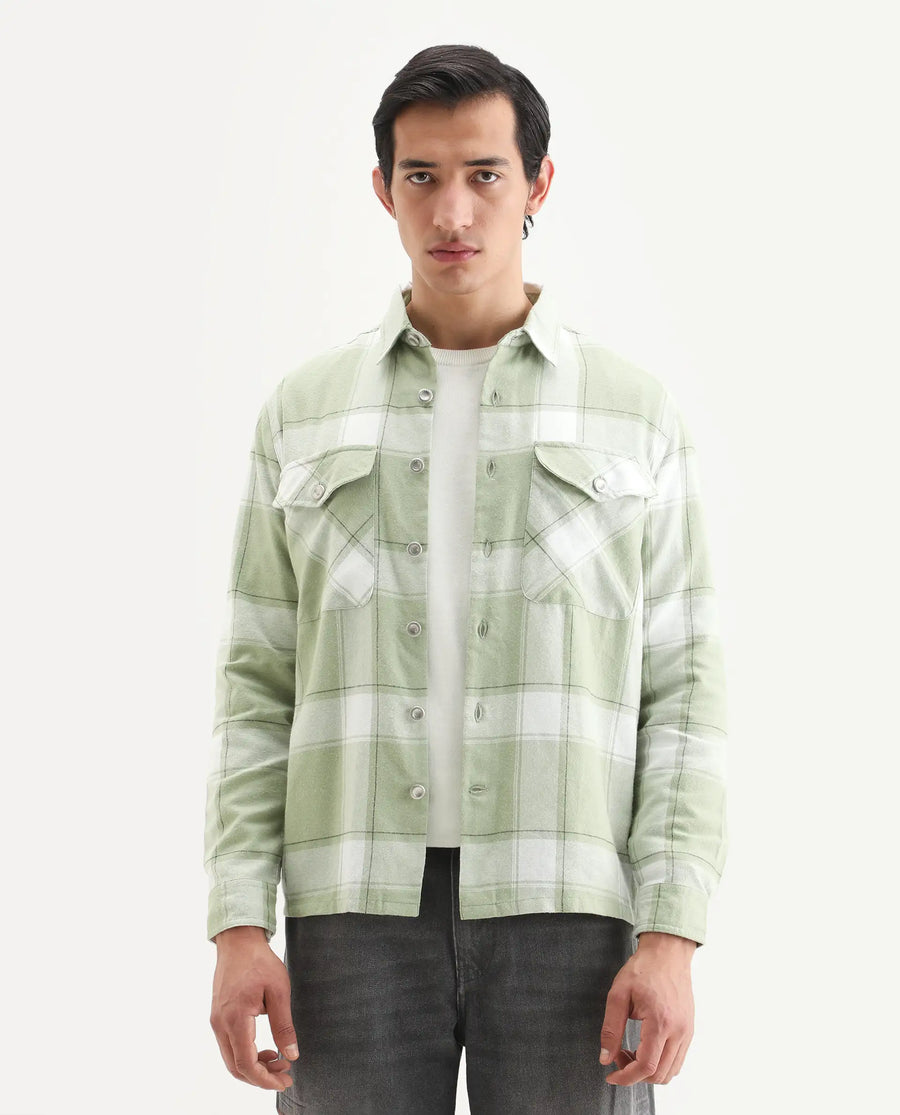 Rare Rabbit Men's Areo Pastel Green Cotton Checked Print Relaxed Fit Full Sleeve Collared Shacket