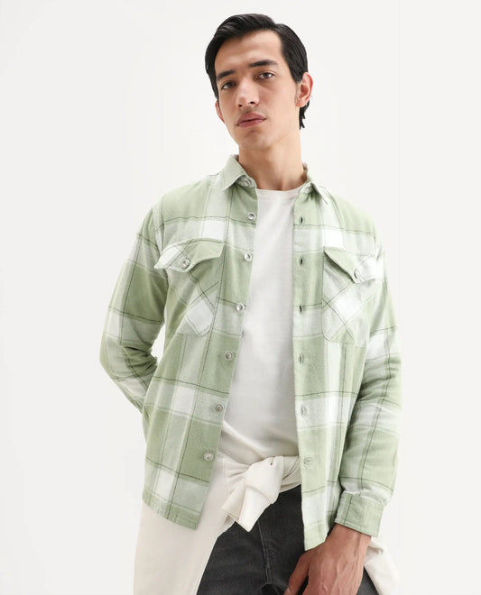 Rare Rabbit Men's Areo Pastel Green Cotton Checked Print Relaxed Fit Full Sleeve Collared Shacket