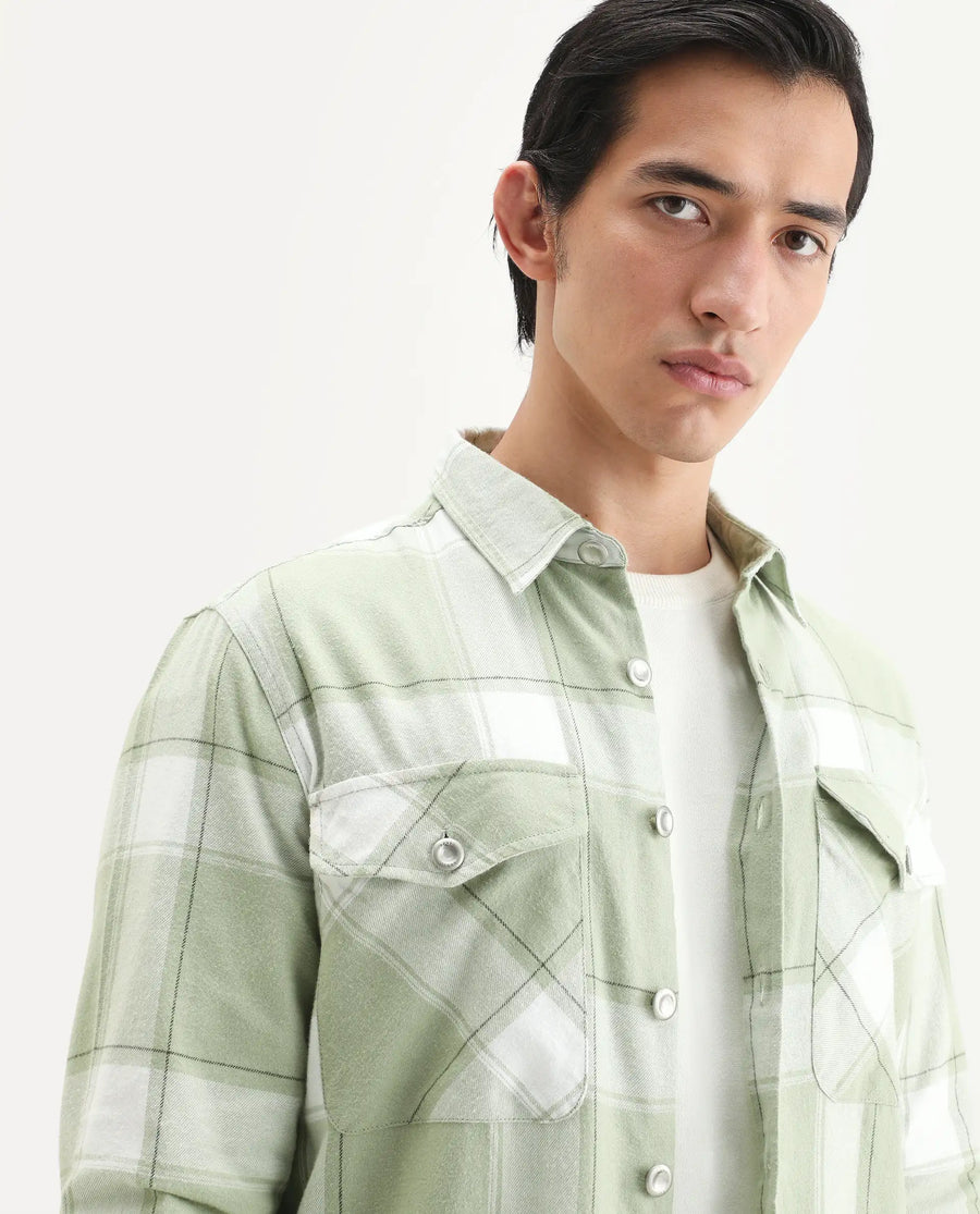 Rare Rabbit Men's Areo Pastel Green Cotton Checked Print Relaxed Fit Full Sleeve Collared Shacket