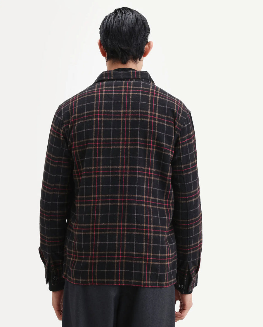 Rare Rabbit Men's Roche Black Cotton Checked Print Relaxed Fit Full Sleeve Collared Shacket