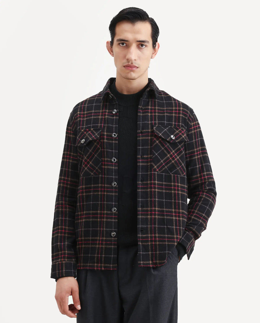 Rare Rabbit Men's Roche Black Cotton Checked Print Relaxed Fit Full Sleeve Collared Shacket